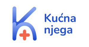 Logo Kućna njega – plavo slovo K, plavo slovo n koje prestavlja kuću te crveni medicinski križ i natpis Kućna njega.