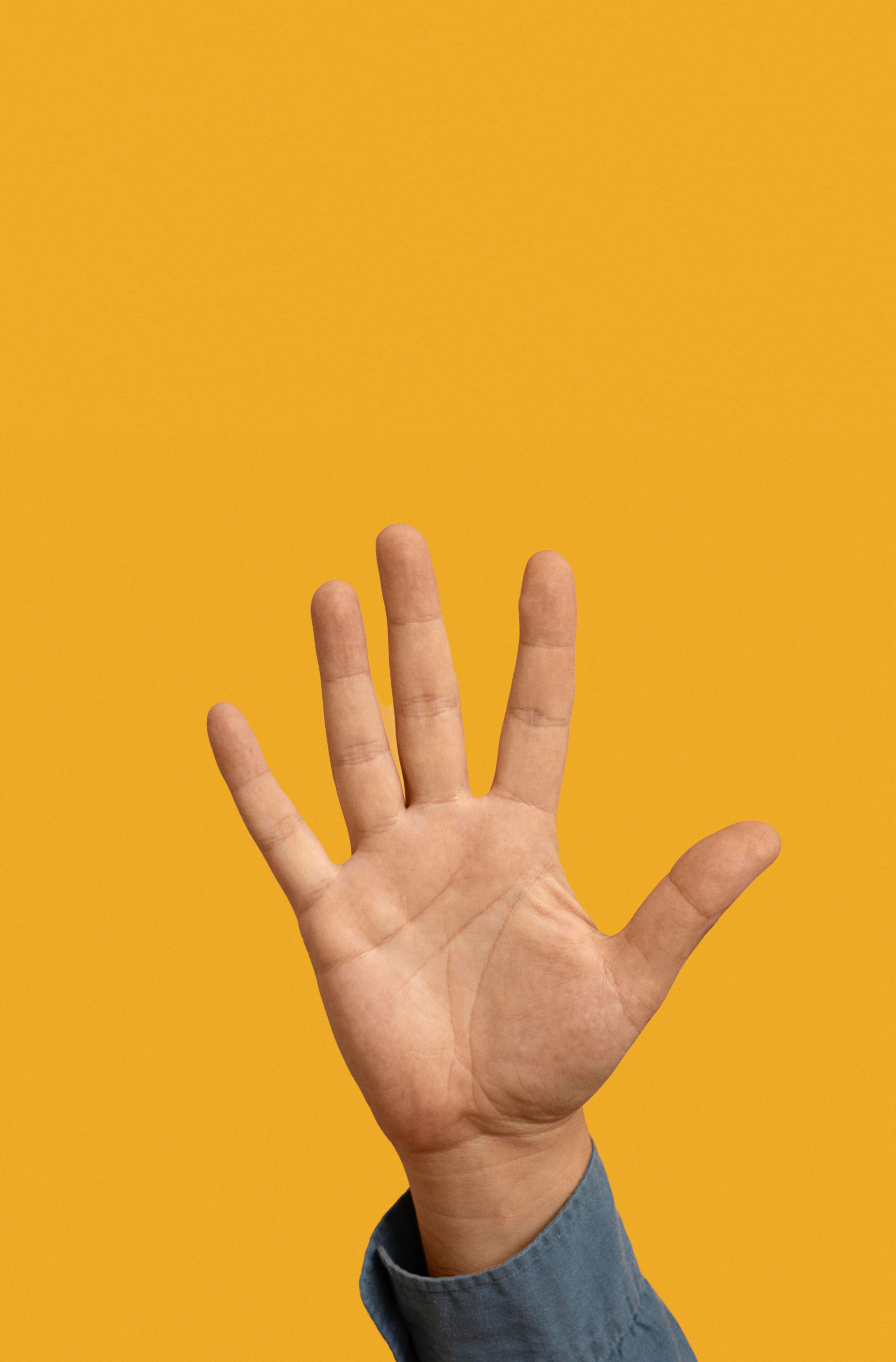 Podignuta ruka na narančastoj pozadini simbolizira poziv na pažnju i spremnost za pomoć.